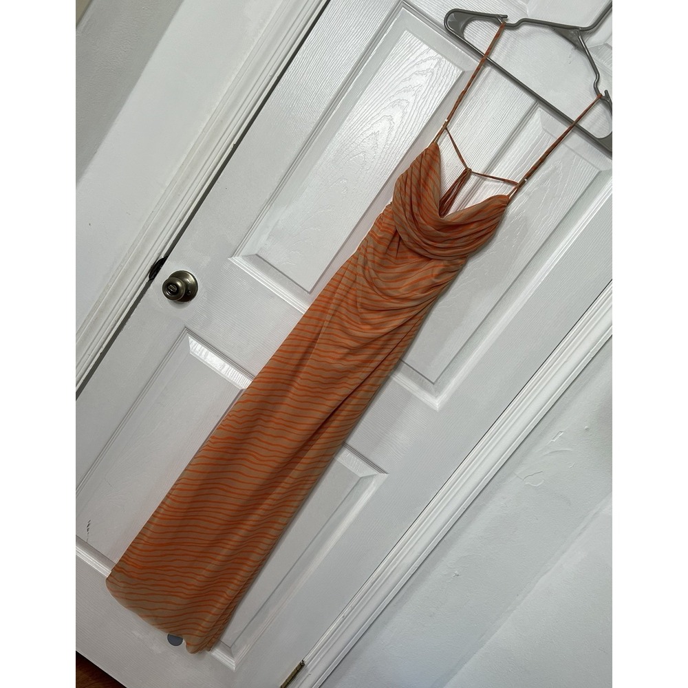 ZARA Orange Striped Mesh Cowl Neck Maxi Dress Sheer Y2K Vacation Resort Party M - Picture 2 of 6